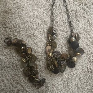 Multi-Tone Button Charm Necklace and Bracelet Set - Women's Jewelry